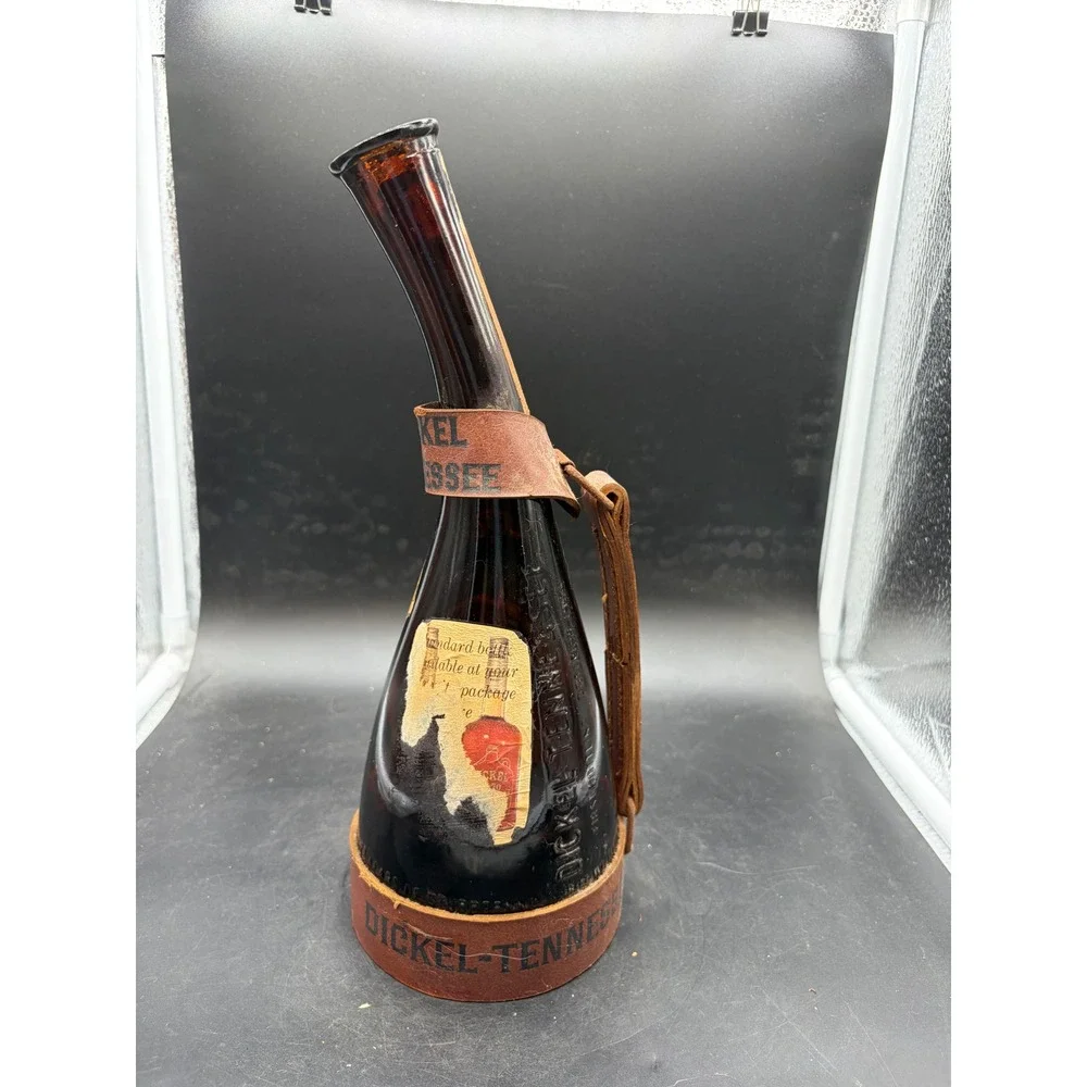 Vintage George Dickel Tennessee Whisky Powder Horn Amber Glass Bottle Leather